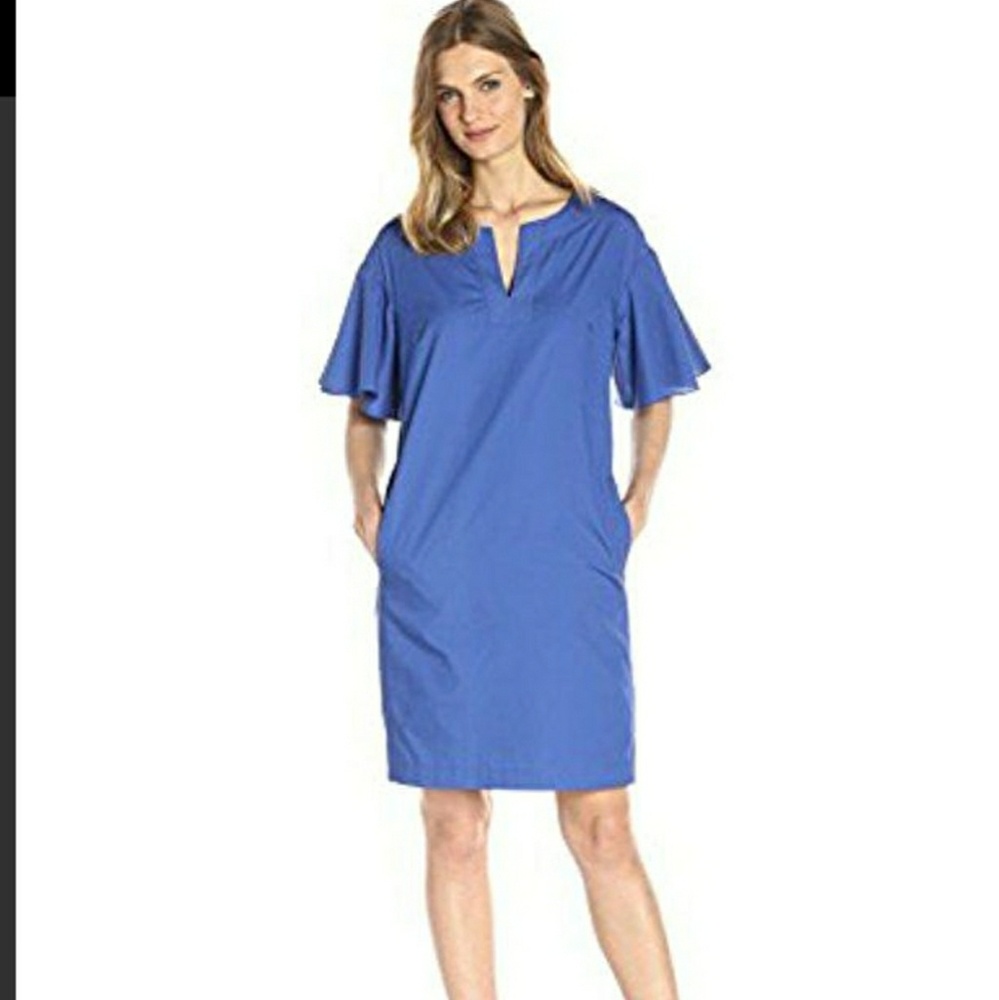 ✔Blue Drop-shoulder Ruffle-sleeve Shift Dress